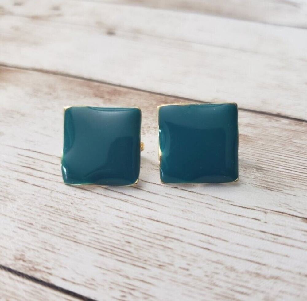 Vintage Clip On Earrings - Teal Wavy Square 5/8"